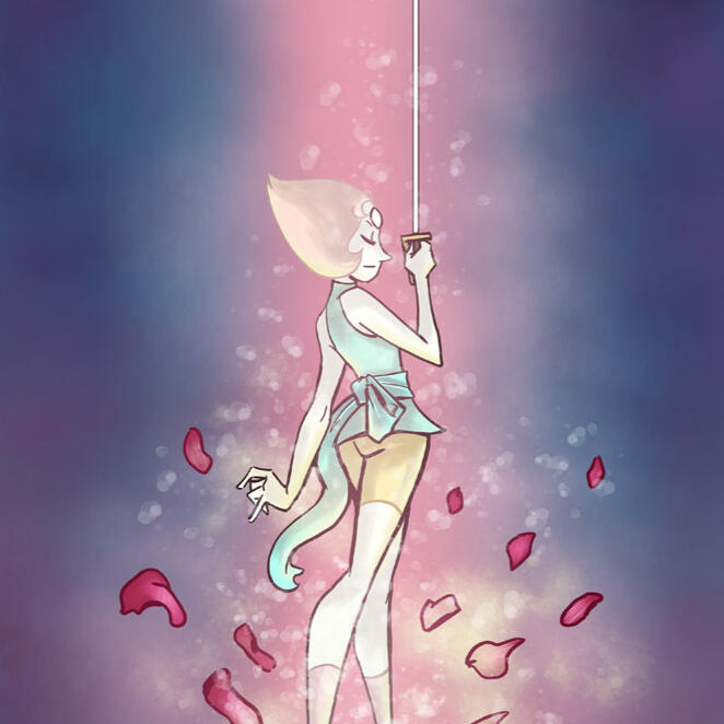 Part of a larger image featuring Pearl from Steven Universe, lit from below as rose petals rise around her. She's holding the hilt of her sword to her face, in a melancholy if ready stance.