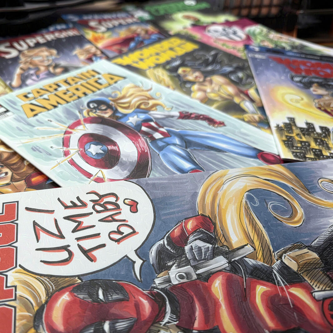 Several finished sketch cover variants.