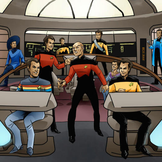 Part of a larger illustration, in which Q takes the place of the entire bridge crew, including Guinan, much to Picard's dismay.