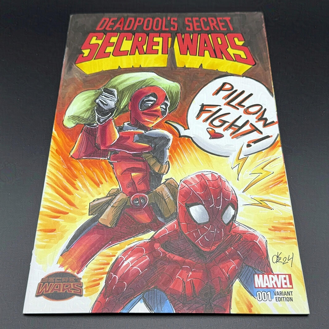 A blank sketch variant with Deadpool ambushing Spider-Man with a pillow, yelling "Pillow Fight!".